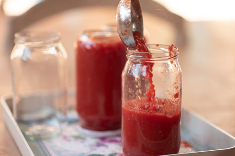 pouring homemade passata in jars Casa Mia Tours