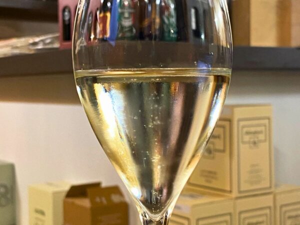close up of prosecco in a wine glass