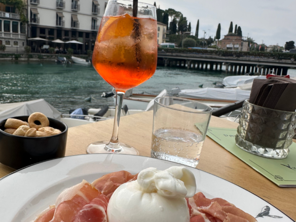 spritz and plate of mozzarella and proscuitto